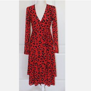 CAbi 5771 Vivien Siren Red Leopard Wrap Midi Dress‎ V-Neck Holiday Dress